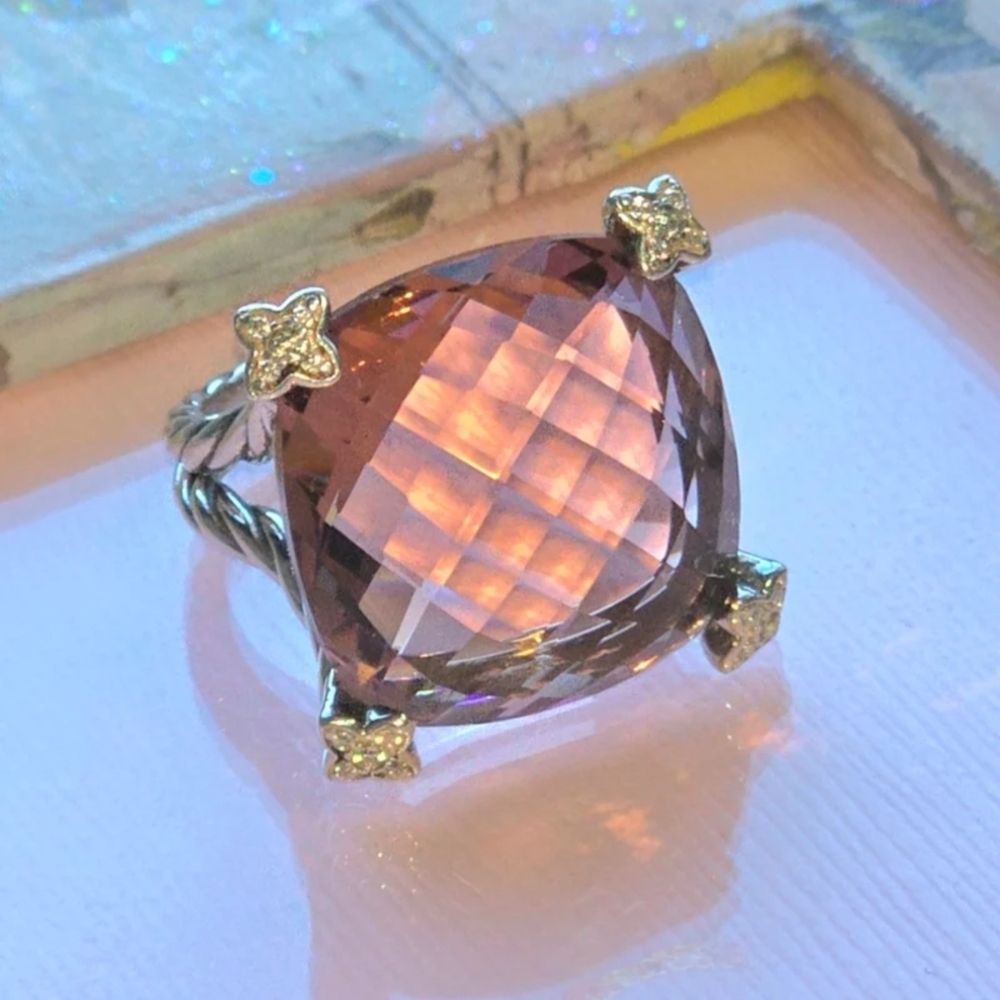 David Yurman Rose-Pink Cushion Cut Gemstone Ring with Pavé Prongs - Picture 5 of 6